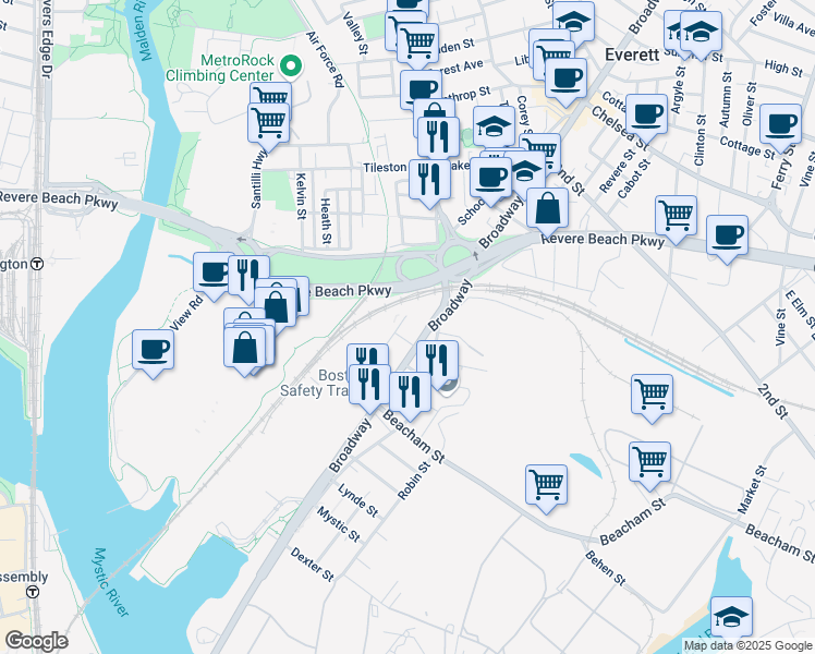 map of restaurants, bars, coffee shops, grocery stores, and more near 1 Bowdoin Street in Everett