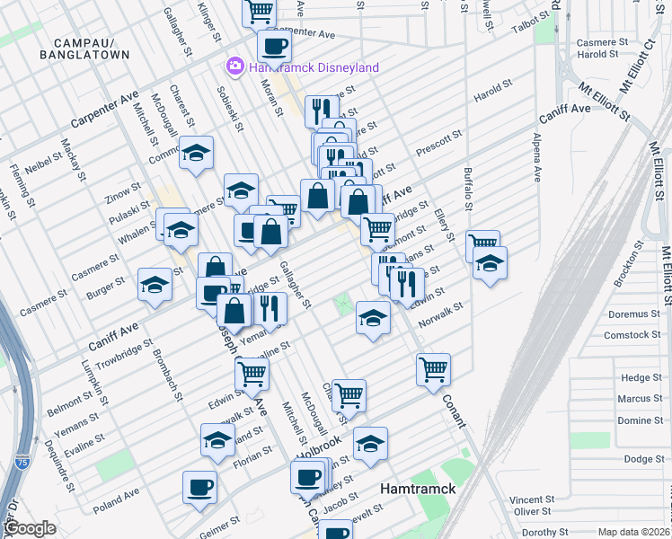 map of restaurants, bars, coffee shops, grocery stores, and more near 3219 Belmont Street in Hamtramck