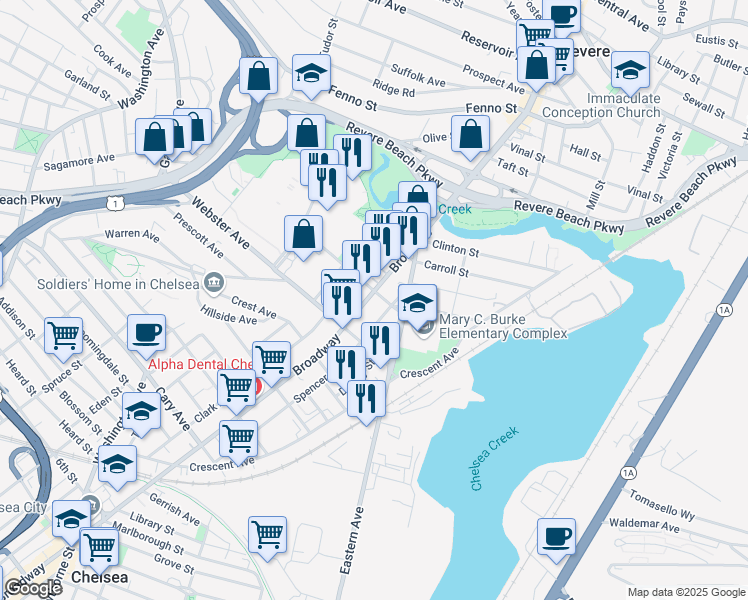 map of restaurants, bars, coffee shops, grocery stores, and more near 929 Broadway in Chelsea
