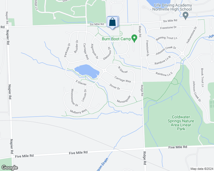 map of restaurants, bars, coffee shops, grocery stores, and more near 16827 Dover Drive in Northville