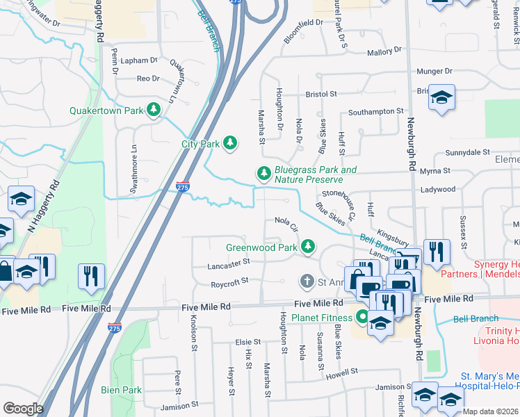 map of restaurants, bars, coffee shops, grocery stores, and more near 15721 Hix Street in Livonia
