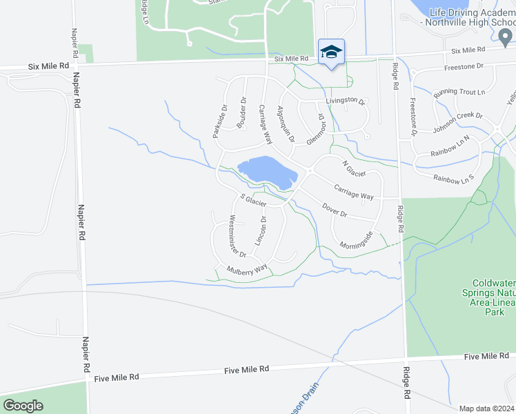 map of restaurants, bars, coffee shops, grocery stores, and more near 49554 South Glacier in Northville