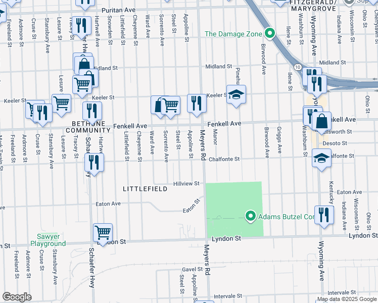 map of restaurants, bars, coffee shops, grocery stores, and more near 15033 Appoline Street in Detroit