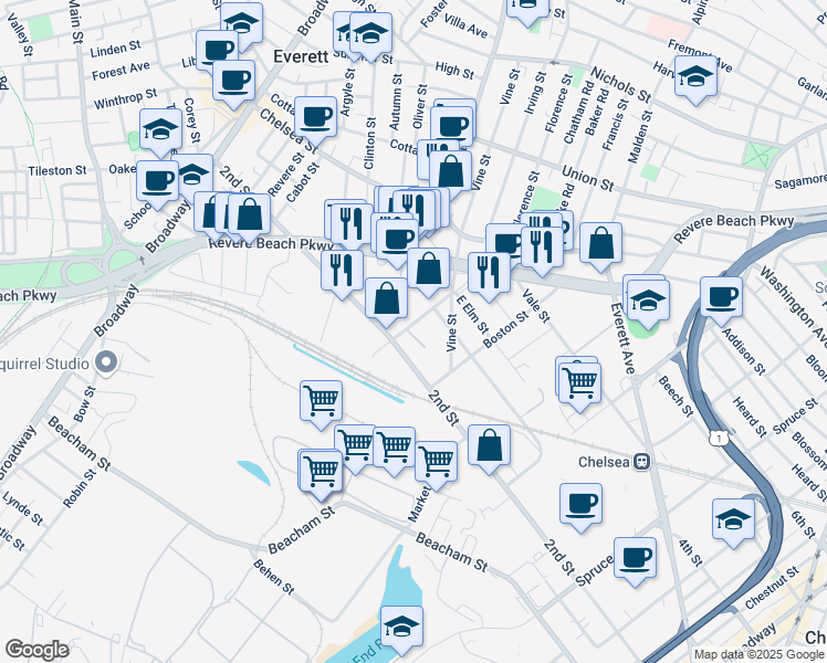 map of restaurants, bars, coffee shops, grocery stores, and more near 15 Garden Street in Everett