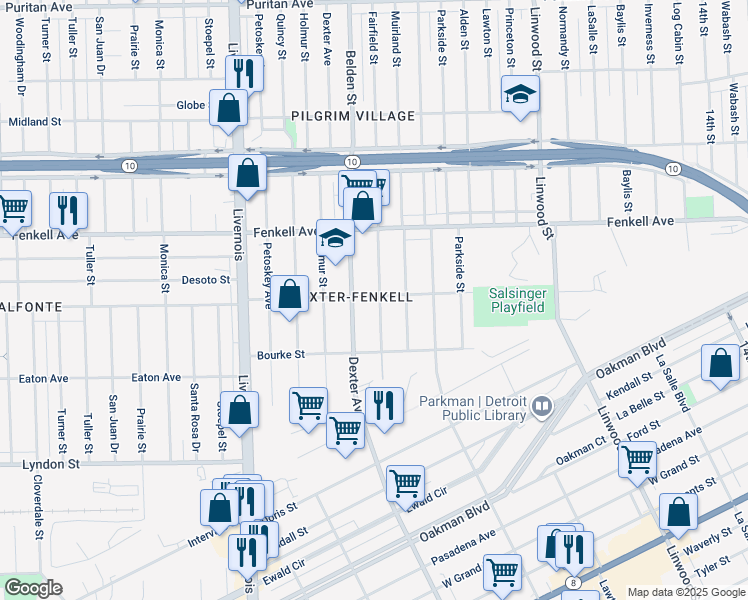 map of restaurants, bars, coffee shops, grocery stores, and more near 14913 Fairfield Street in Detroit