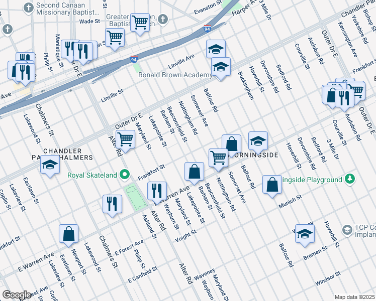 map of restaurants, bars, coffee shops, grocery stores, and more near 5211 Beaconsfield Street in Detroit