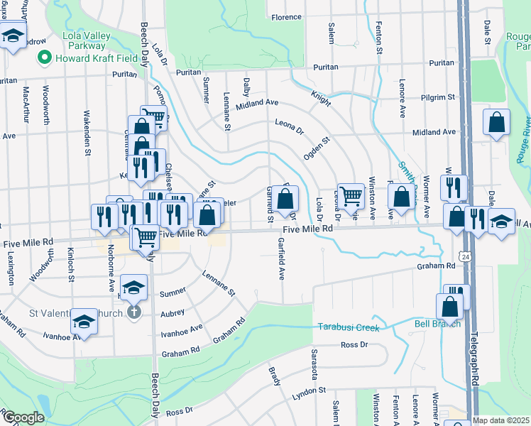 map of restaurants, bars, coffee shops, grocery stores, and more near 15351 Garfield in Redford Charter Township