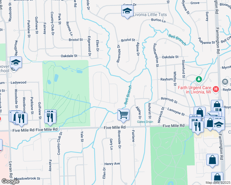 map of restaurants, bars, coffee shops, grocery stores, and more near 15701 Riverside Drive in Livonia