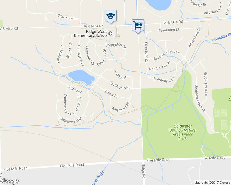 map of restaurants, bars, coffee shops, grocery stores, and more near 16694 Dover Drive in Northville