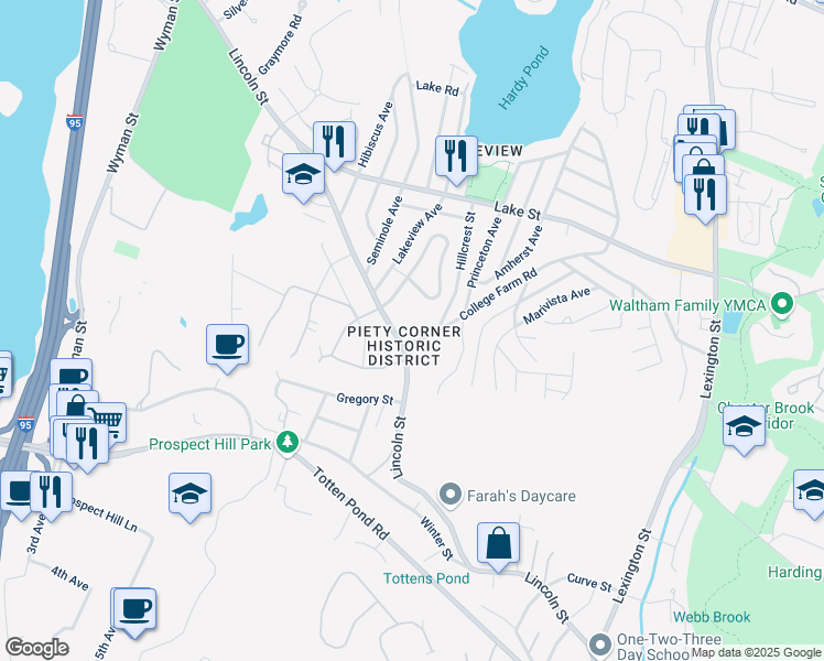 map of restaurants, bars, coffee shops, grocery stores, and more near 301 College Farm Road in Waltham