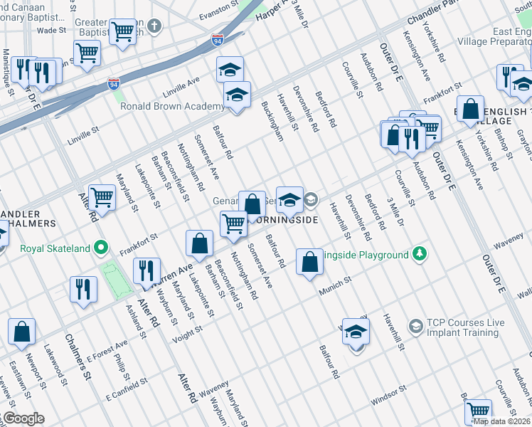 map of restaurants, bars, coffee shops, grocery stores, and more near 5034 Balfour Road in Detroit