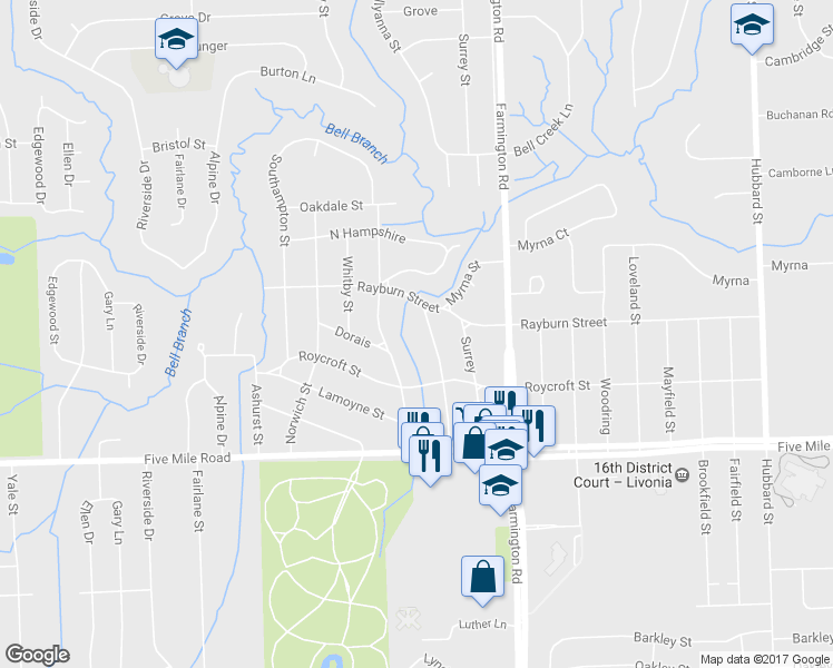 map of restaurants, bars, coffee shops, grocery stores, and more near 15693 Edington Street in Livonia