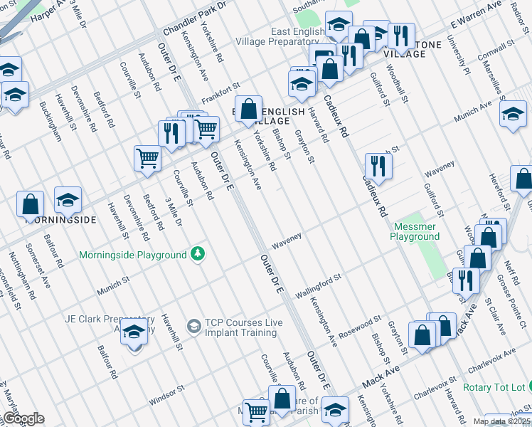 map of restaurants, bars, coffee shops, grocery stores, and more near 4411 Kensington Avenue in Detroit