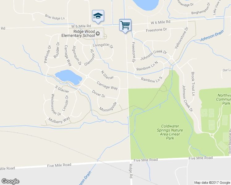 map of restaurants, bars, coffee shops, grocery stores, and more near 16046 Morningside in Northville