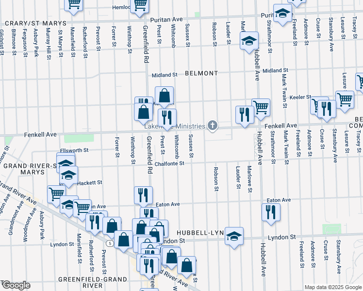 map of restaurants, bars, coffee shops, grocery stores, and more near 15074 Whitcomb in Detroit