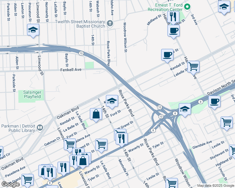 map of restaurants, bars, coffee shops, grocery stores, and more near 1930 Kendall Street in Detroit