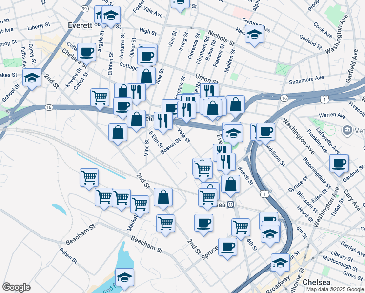 map of restaurants, bars, coffee shops, grocery stores, and more near 102 Mill Road in Everett
