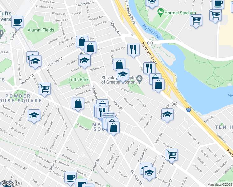 map of restaurants, bars, coffee shops, grocery stores, and more near 88 Edward Street in Medford