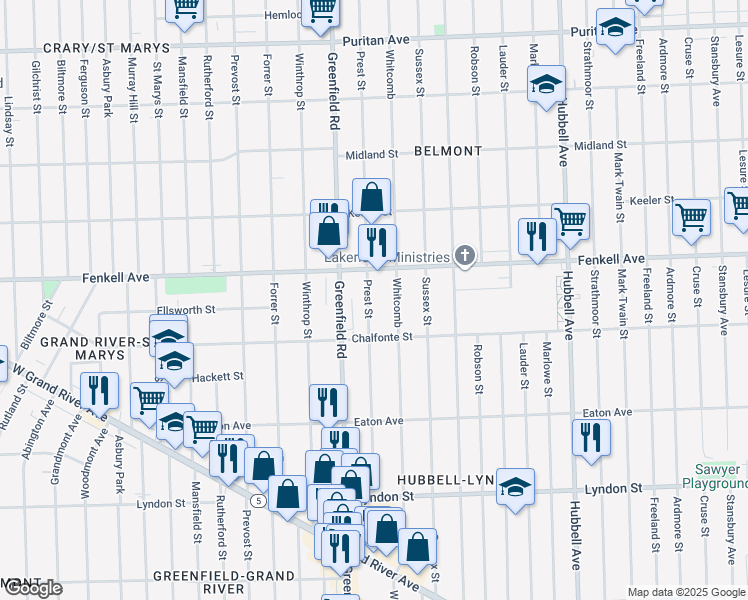 map of restaurants, bars, coffee shops, grocery stores, and more near 15080 Prest Street in Detroit