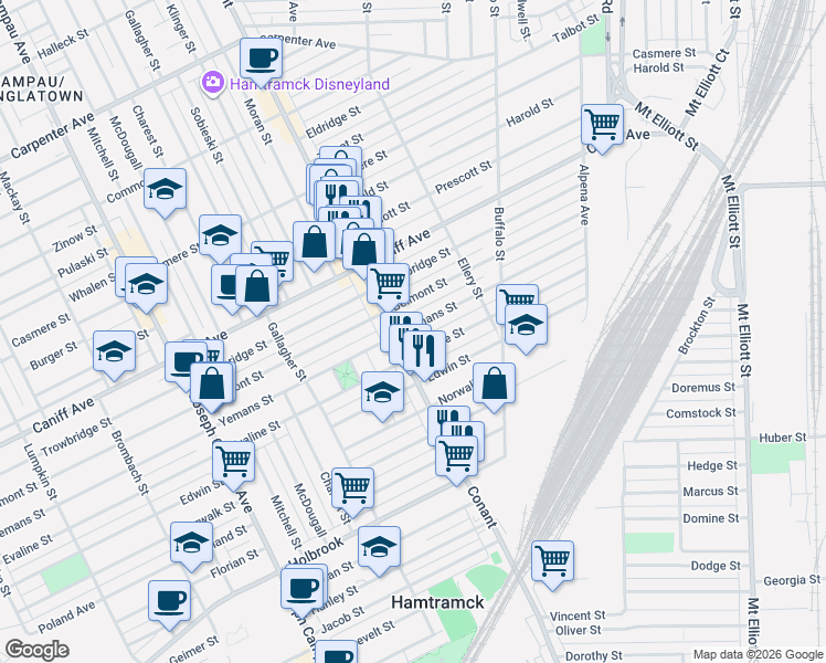 map of restaurants, bars, coffee shops, grocery stores, and more near 3834 Yemans Street in Hamtramck