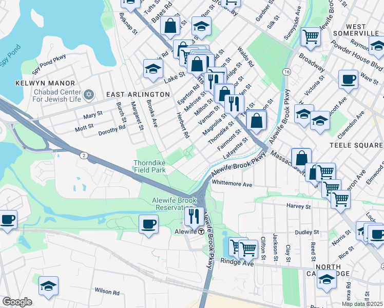 map of restaurants, bars, coffee shops, grocery stores, and more near 143 Thorndike Street in Arlington