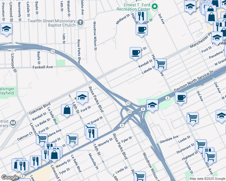 map of restaurants, bars, coffee shops, grocery stores, and more near 2776 John C Lodge Service Drive in Detroit