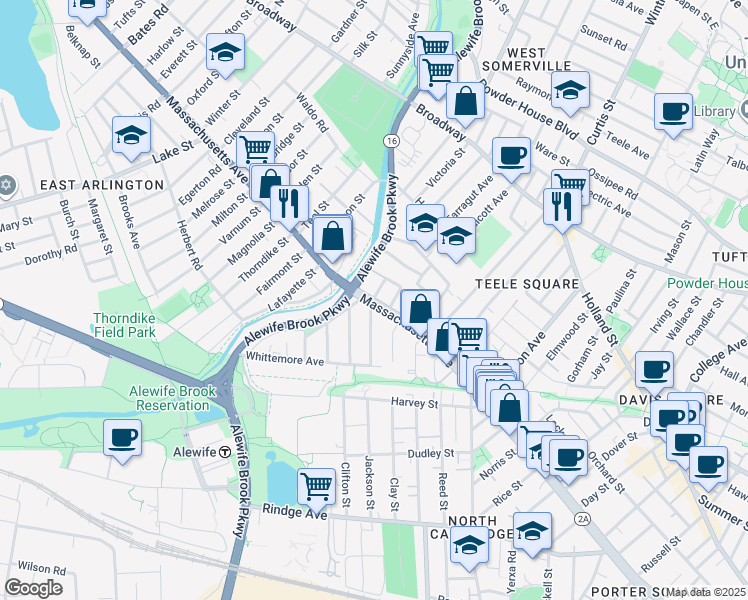 map of restaurants, bars, coffee shops, grocery stores, and more near 2571 Massachusetts Avenue in Cambridge