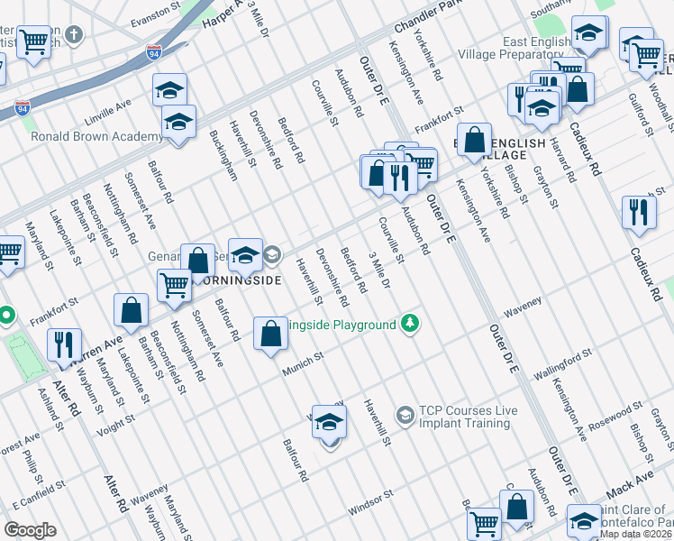 map of restaurants, bars, coffee shops, grocery stores, and more near 4834 Devonshire Road in Detroit