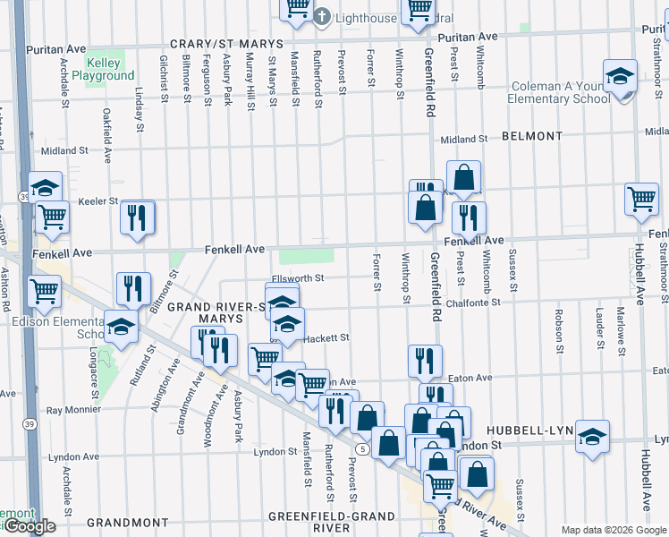map of restaurants, bars, coffee shops, grocery stores, and more near 15930 Ellsworth Street in Detroit