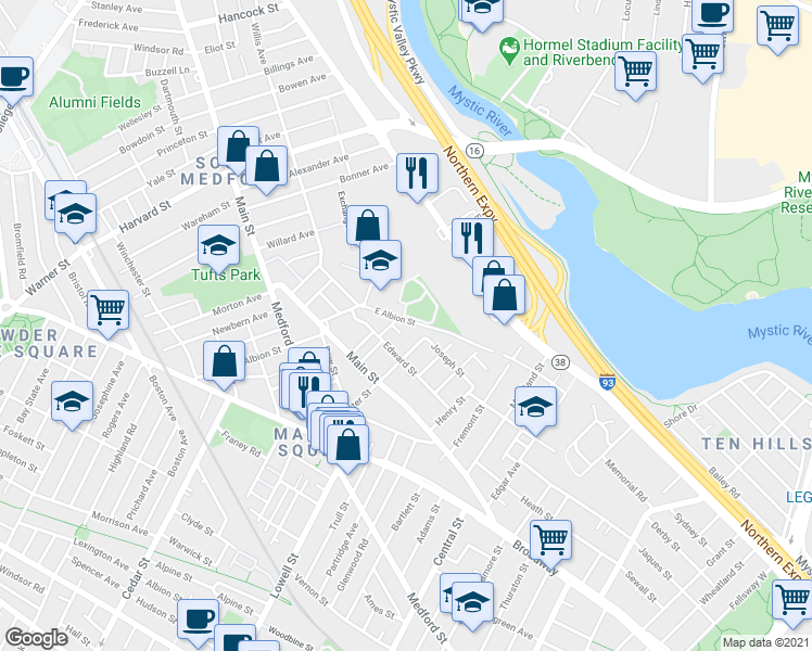 map of restaurants, bars, coffee shops, grocery stores, and more near 9 Bennett Street in Medford