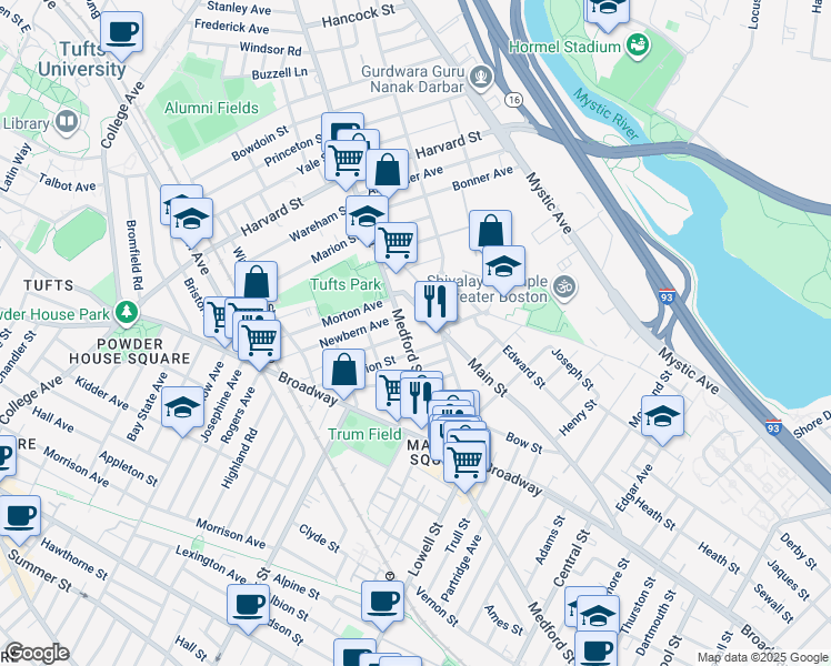 map of restaurants, bars, coffee shops, grocery stores, and more near 1 Clayton Avenue in Medford