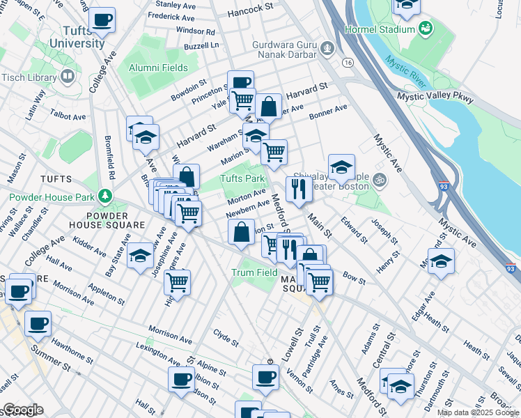 map of restaurants, bars, coffee shops, grocery stores, and more near 28 Newbern Avenue in Medford