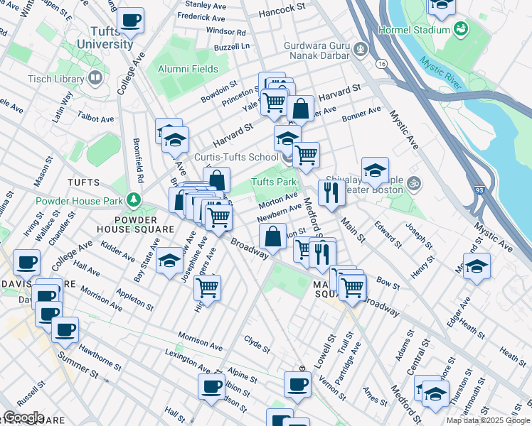 map of restaurants, bars, coffee shops, grocery stores, and more near 55 Newbern Avenue in Medford