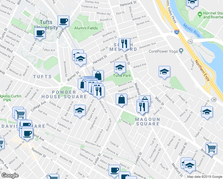 map of restaurants, bars, coffee shops, grocery stores, and more near 55 Newbern Avenue in Medford
