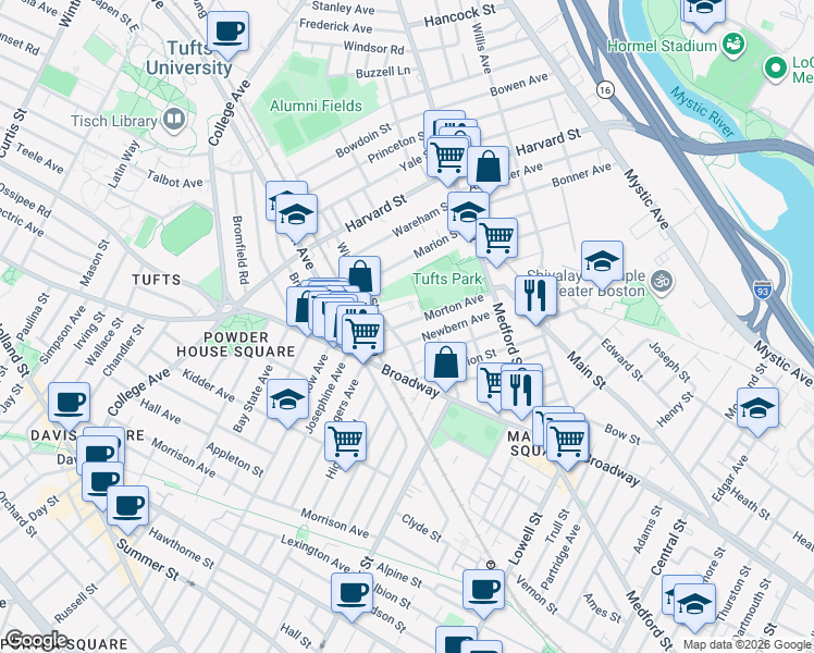 map of restaurants, bars, coffee shops, grocery stores, and more near 55 Newbern Avenue in Medford