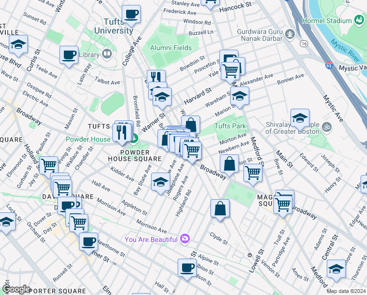 map of restaurants, bars, coffee shops, grocery stores, and more near 642 Boston Avenue in Medford