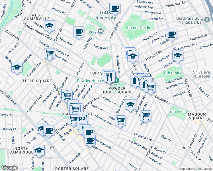 map of restaurants, bars, coffee shops, grocery stores, and more near 126 College Avenue in Somerville