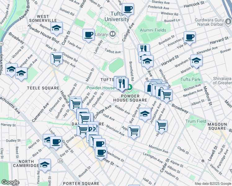 map of restaurants, bars, coffee shops, grocery stores, and more near 126 College Avenue in Somerville