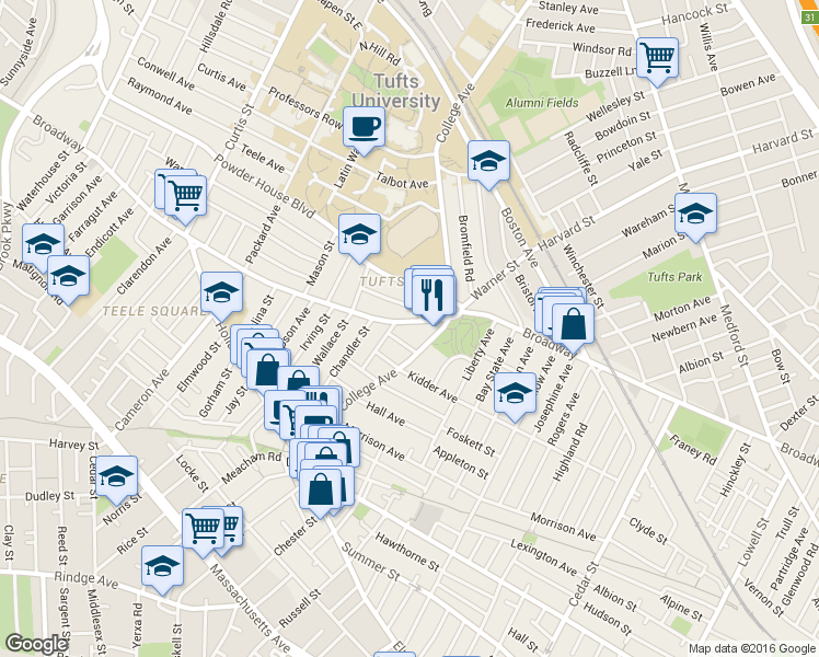 map of restaurants, bars, coffee shops, grocery stores, and more near 126 College Avenue in Somerville