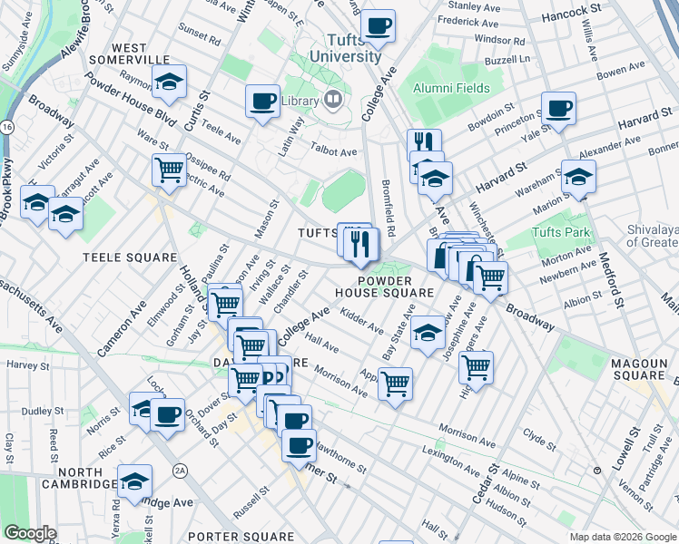 map of restaurants, bars, coffee shops, grocery stores, and more near 126 College Avenue in Somerville