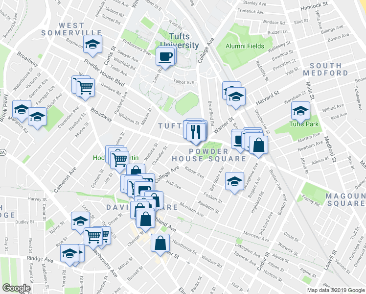 map of restaurants, bars, coffee shops, grocery stores, and more near 126 College Avenue in Somerville