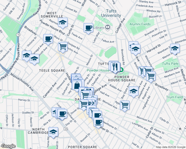 map of restaurants, bars, coffee shops, grocery stores, and more near 95 Wallace Street in Somerville