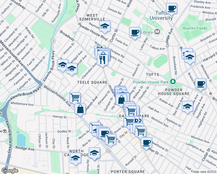 map of restaurants, bars, coffee shops, grocery stores, and more near 158 Holland Street in Somerville