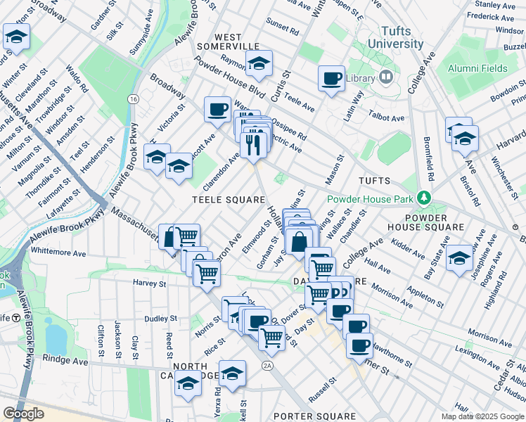 map of restaurants, bars, coffee shops, grocery stores, and more near 19 Cameron Avenue in Somerville