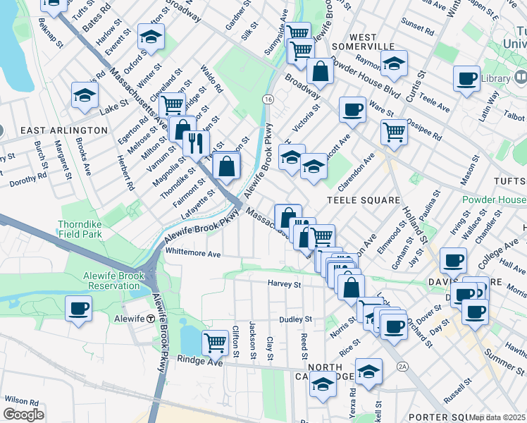 map of restaurants, bars, coffee shops, grocery stores, and more near 2571 Massachusetts Avenue in Cambridge