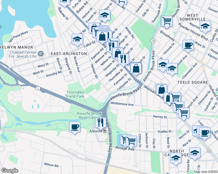 map of restaurants, bars, coffee shops, grocery stores, and more near 58 Fairmont Street in Arlington