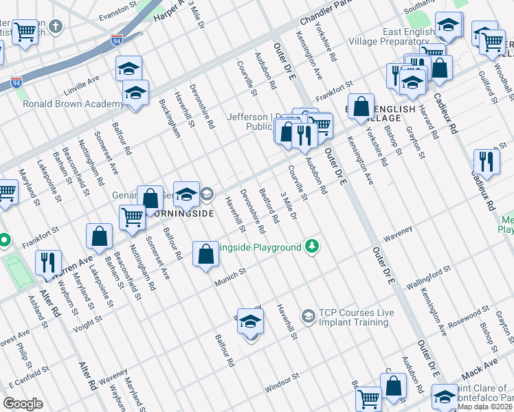 map of restaurants, bars, coffee shops, grocery stores, and more near 4834 Devonshire Road in Detroit