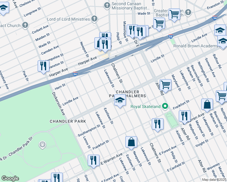 map of restaurants, bars, coffee shops, grocery stores, and more near 5732 Lakewood Street in Detroit
