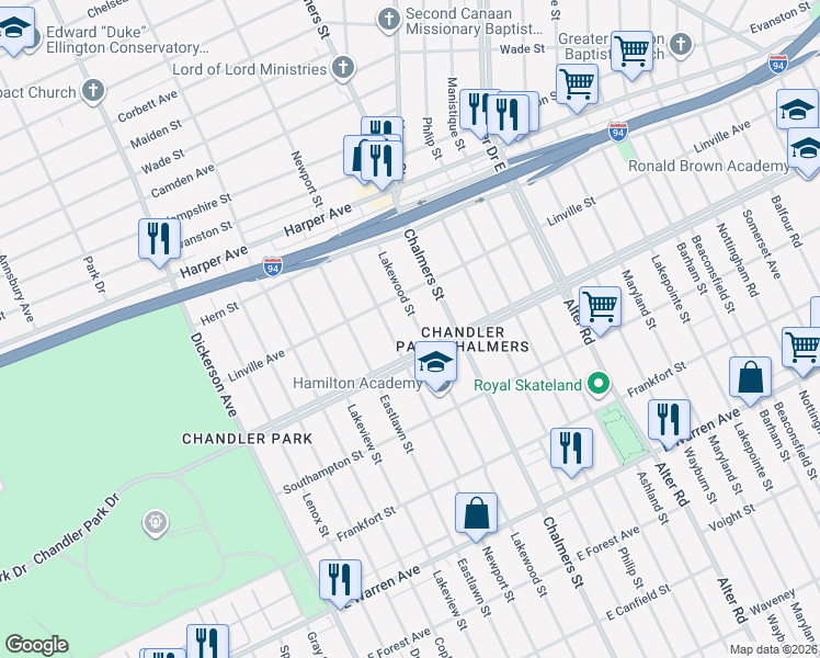 map of restaurants, bars, coffee shops, grocery stores, and more near 5732 Lakewood Street in Detroit