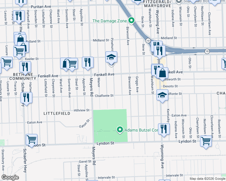 map of restaurants, bars, coffee shops, grocery stores, and more near 15018 Pinehurst Street in Detroit